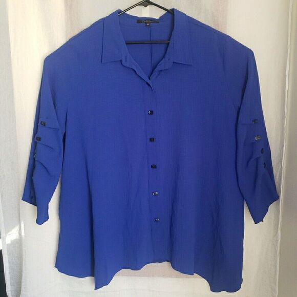 Caleoos Tops - Caleloos Woman's Blouse Size 3XL Royal Blue Button Detail Long Sleeves Button Up